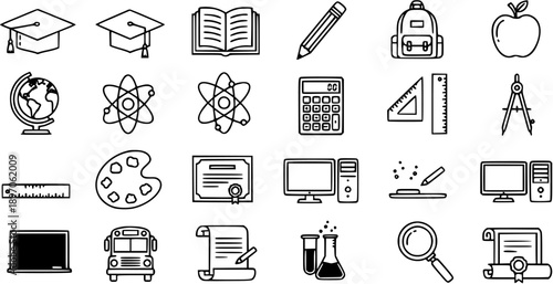 Education and Science Line Art Icons Set: School, University, and Lab Learning Symbols including Graduation Cap, Book, Globe, Atom, Computer, and Test Tubes