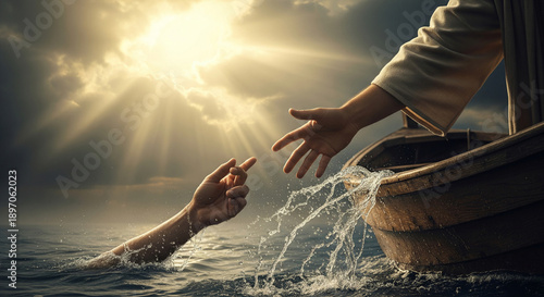 Jesus Christ saving a drowning man from the sea, hand of God reaching out from a boat, salvation and faith concept