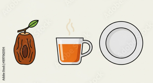 Date fruit with a cup of tea and a plate.