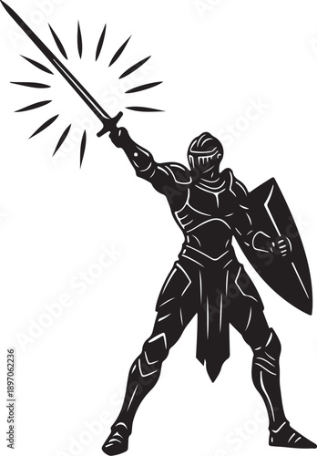 Medieval Knight Warrior raising shining sword and shield vector silhouette.
