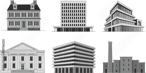 Building architecture facades collection, residential, office and industrial structures, classic and modern buildings front view, grayscale vector illustration set for urban design