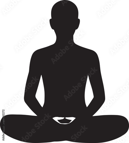 Silhouette of person meditating in lotus pose on white background