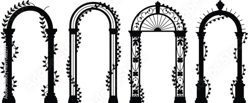 Decorative garden arch silhouettes collection, vintage wrought iron arches with vines and floral ornaments, elegant wedding and park entrance vector designs