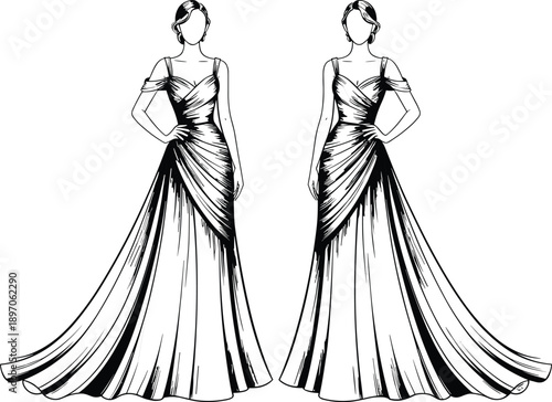 Elegant evening gown fashion sketch illustration, long formal dress design with draped fabric, luxury womenswear silhouette for bridal, couture and runway concepts