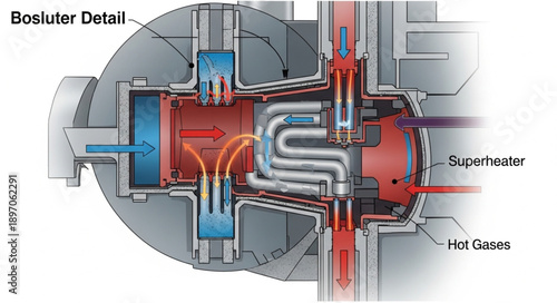Detailed cross-section diagram of a complex industrial engine component.
