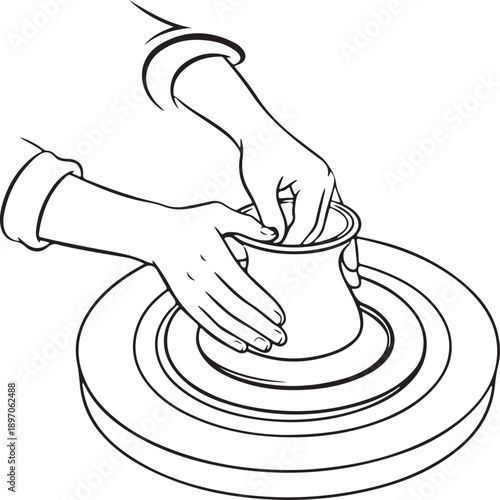 Outline Drawing of Hands Shaping Clay on Potter's Wheel, Ceramics Process