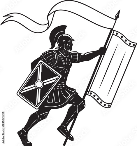 Running Roman Legionary Icon Holding Standard and Shield Black Silhouette