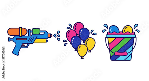 Colorful water gun shooting water at balloons and a bucket of balls in a playful scene from a straightforward viewpoint