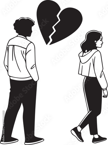 Black and white illustration of couple separation and relationship breakup.