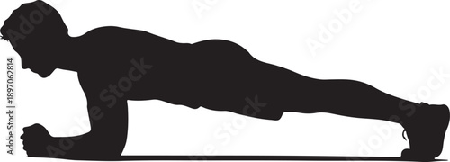 Silhouette of a man doing the plank pose exercise on a white background
