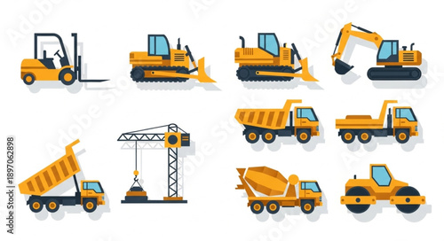 Collection of Yellow Construction Vehicles and Machinery.