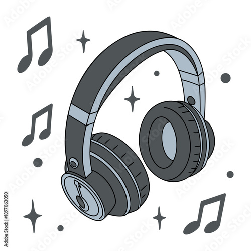 Stylized illustration of over-ear wireless headphones in shades of grey and blue accents surrounded by floating musical notes and sparkling elements, perfect for audio concepts.