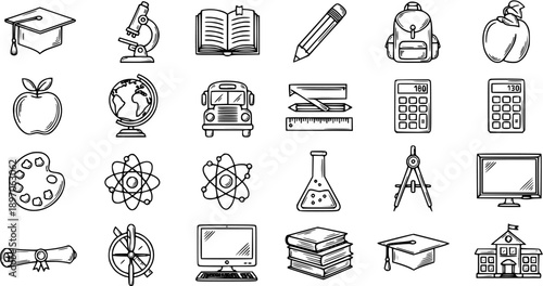 Black and White Hand Drawn Education Icons Set - School, Learning, and Science Outline Symbols Collection