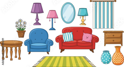 Colorful living room furniture set with sofa, armchair, lamps and home decor illustration, cartoon interior design collection