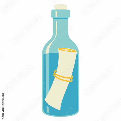 Blue glass bottle with a rolled up paper inside  isolated on white background icon