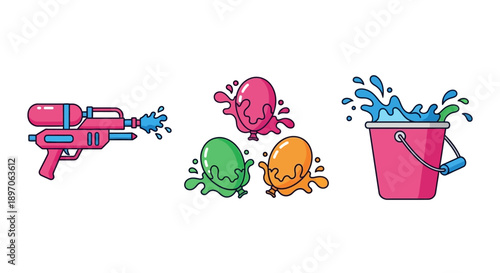 Water toys and buckets splashing in a fun outdoor playful scene