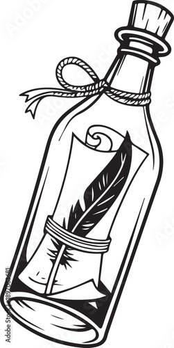 Black and white Message in a Bottle drawing with scroll and feather quill