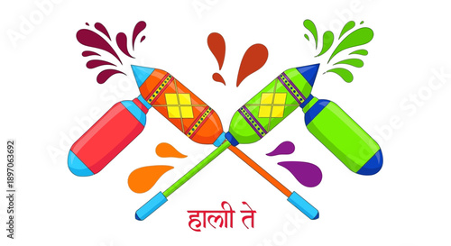 Celebration of Holi festival with colorful powder and paint bottles in a festive atmosphere from a straightforward viewpoint