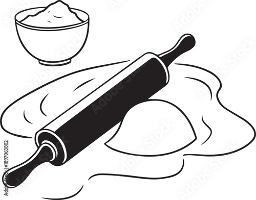 Rolling Pin and Dough Preparation with Flour Bowl Black and White Icon