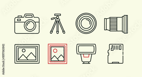 Camera equipment icons on light background