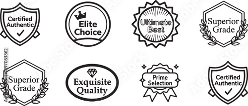 Premium Quality Badge Icons Set – Certified, Elite, Authentic, Superior, Prime, Exquisite Labels for Branding and Product Packaging