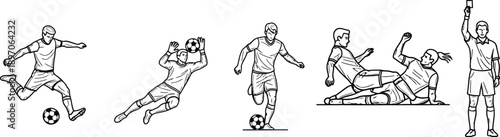 Various soccer actions illustrated in line art including kick, save, tackle, and referee call