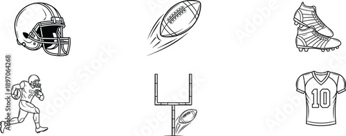 Set of black and white icons for american football game including gear and action elements