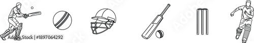 A collection of minimalist black and white line art icons depicting various elements of the sport of cricket
