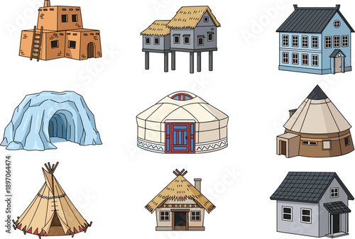 Traditional and modern houses set including hut, yurt, igloo and village homes illustration collection isolated