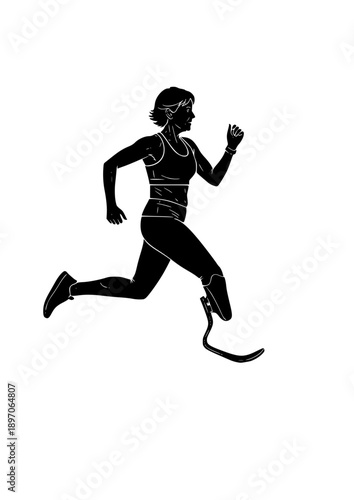 Active Senior Woman with Prosthetic Leg Jogging Silhouette Inclusive Wellness Vector Illustration