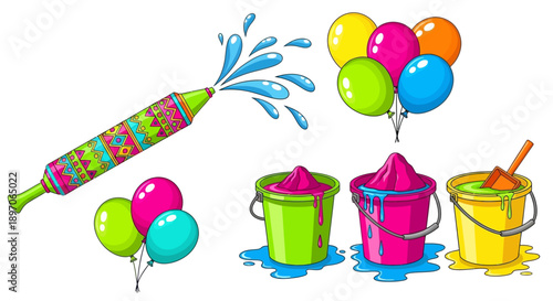 Colorful Party Scene with Inflated Balloons and Water Buckets with a Surprise Splash Event Outdoors from a Frontal Viewpoint