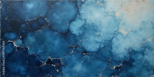 A dark blue grunge wall background features vintage paper textures with smoky clouds and misty air under a stormy moonlit sky