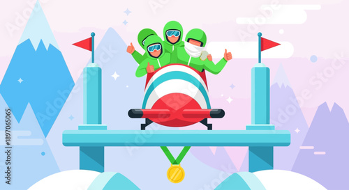 Three green dinosaurs riding a red sleigh on a blue platform with flags and medals in a snowy mountain landscape