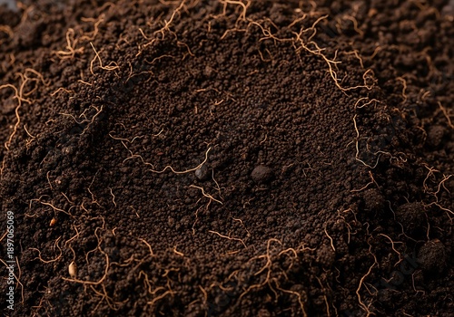 Close-up of nutrient-rich dark soil with roots, fostering life and growth