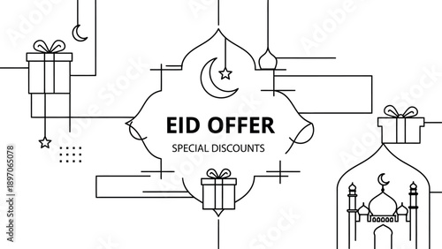 Elegant black and white line art illustration showcasing an Eid special discount offer with mosque and gift boxes