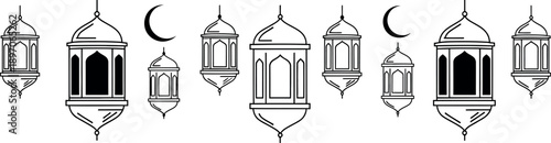 Elegant blackandwhite line art Islamic lanterns and crescent moon symbols create a beautiful seamless pattern design element for festive occasions