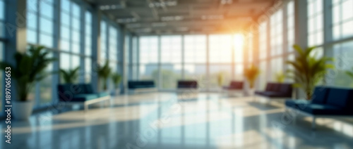 Bright and spacious modern office interior in soft focus. Blurred background image for banner, poster, magazine or website.