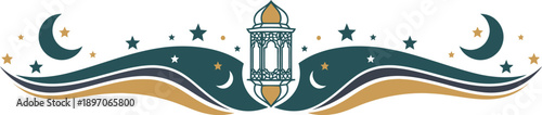 Elegant gold and teal Ramadan Kareem lantern design with crescent moons and sparkling stars creating a beautiful festive border element
