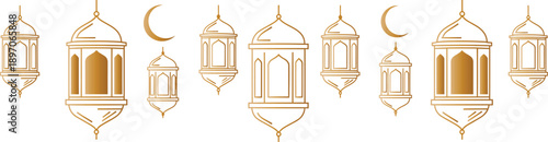 Elegant golden Islamic lanterns and shining crescent moons forming a beautiful horizontal border design for festive celebrations