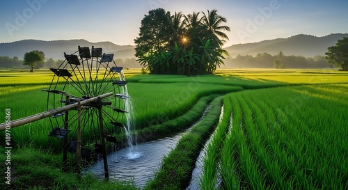 Beautiful traditional water wheel irrigation system in a lush green rice field at sunrise