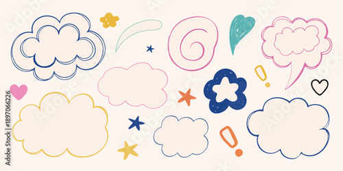 Colorful hand drawn doodles of clouds flowers stars and speech bubbles
