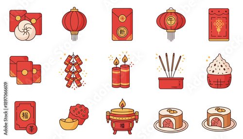 Traditional Chinese Red Envelopes and Offering Ritual Icons