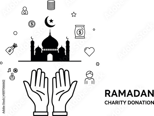 Ramadan charity donation concept with praying hands mosque and various symbols of giving and faith celebration during holy month