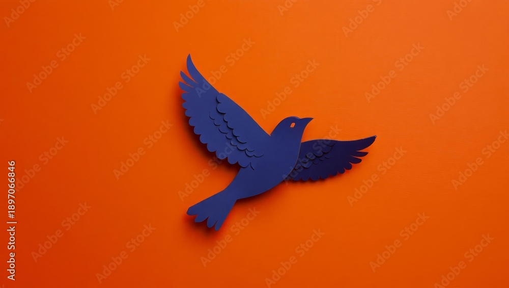 Fototapeta premium One paper black crow with raised wings in the upper right corner on an orange background with space for text.