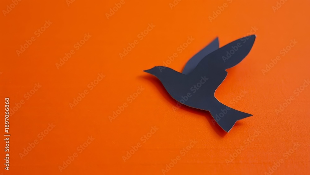 Fototapeta premium One paper black crow with raised wings in the upper right corner on an orange background with space for text.