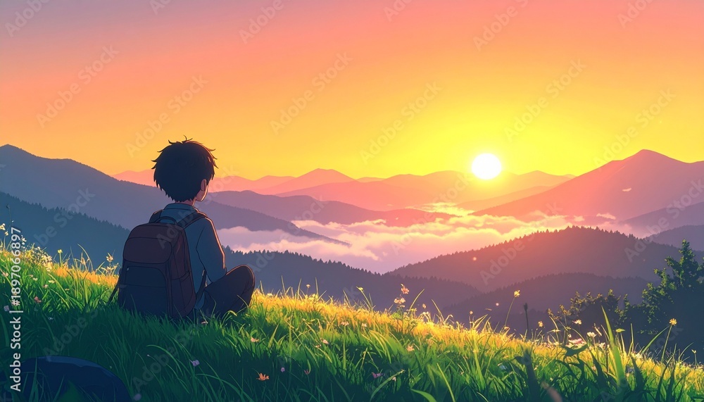 Obraz premium Young traveler enjoying serene mountain sunset with backpack