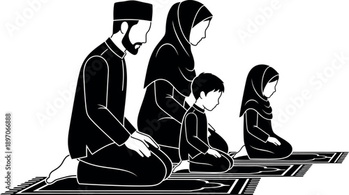 Traditional Muslim family praying together on individual mats showing devotion and religious practice in a silhouette illustration
