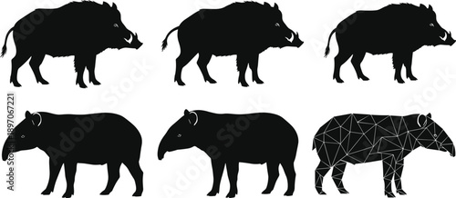 WBlack vector silhouette set of wild boars and tapirs for concepts of forest wildlife exotic animals hunting nature and brandingeb