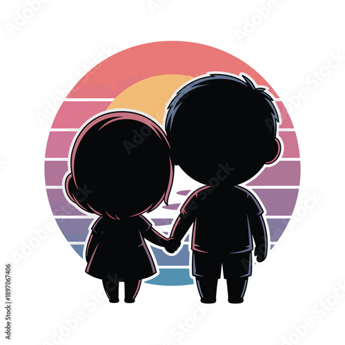 Cute Chibi Kids Holding Hands: Retro Striped Sunset Silhouette Vector.
