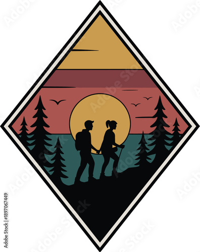 Hiking Couple Adventure Badge: Retro Diamond Shape Sunset Vector.